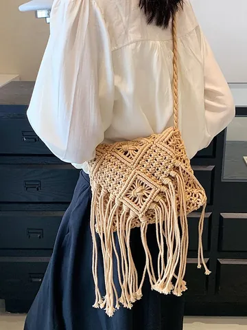 Bohemian Cotton Rope Handwoven Fringe Crossbody Bag For Women Vacation Beach Shoulder Bag With Geometric Pattern