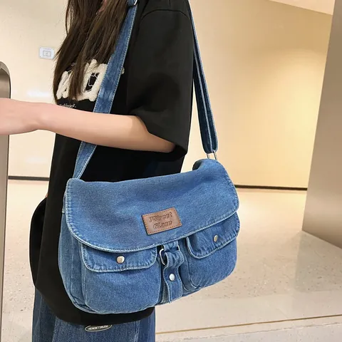 Borsa a Tracolla in Denim Lavato Retrò per Donna Grande Capacità Casual Borsa a Spalla Con Tracolla Regolabile