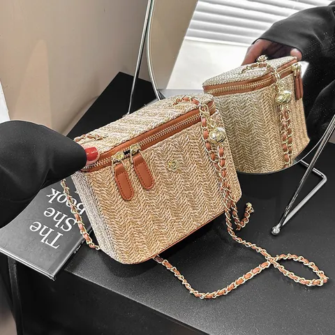 Sac Bandoulière Boîte Tissé En Paille Pour Femmes Luxe Chaîne Vanity Case Été Plage Petit Sac À Main Carré Style Rétro