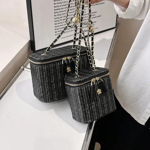 Sac Bandoulière Boîte Tissé En Paille Pour Femmes Luxe Chaîne Vanity Case Été Plage Petit Sac À Main Carré Style Rétro