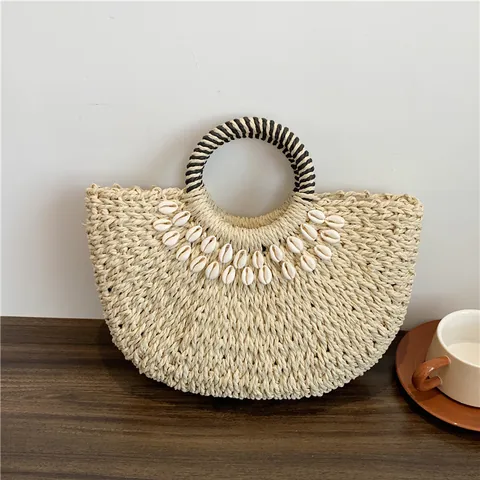Bolso de Mano de Paja Tejida para Playa de Verano Con Conchas Gran Capacidad Bolso de Viaje Semicírculo Bohemio para Vacaciones