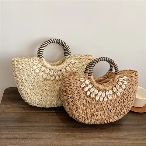 Bolso de Mano de Paja Tejida para Playa de Verano Con Conchas Gran Capacidad Bolso de Viaje Semicírculo Bohemio para Vacaciones
