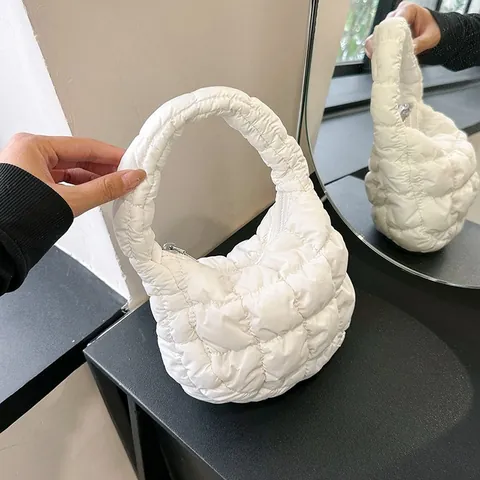 Women Quilted Puffer Handbag Nylon Cloud Dumpling Bag Fashion Lightweight Mini Underarm Tote Bag Casual Daily Shoulder Purse