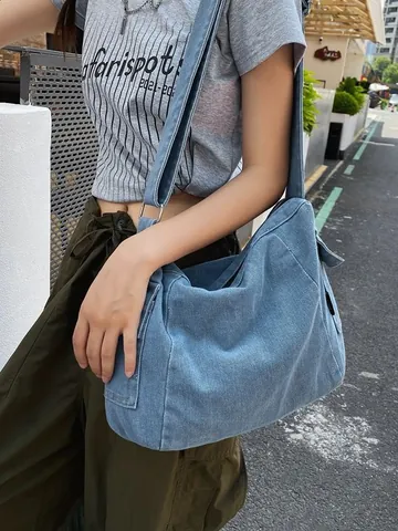 Damen Große Kapazität Denim Umhängetasche Vintage Gewaschene Tragetasche Mit Verstellbarem Riemen Casual Messenger Tasche