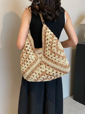Large Straw Woven Shoulder Bag Crochet Knit Hollow Tote Bag Bohemian Geometric Pattern Handbag Leather Strap Summer Beach