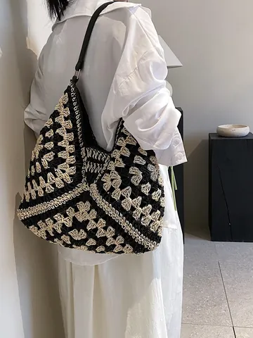 Large Straw Woven Shoulder Bag Crochet Knit Hollow Tote Bag Bohemian Geometric Pattern Handbag Leather Strap Summer Beach