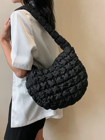 Women Quilted Puffer Shoulder Bag Large Capacity Nylon Underarm Tote Bag Fashion Bubble Texture Casual Hobo Handbag
