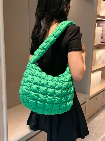 Women Quilted Puffer Shoulder Bag Large Capacity Nylon Underarm Tote Bag Fashion Bubble Texture Casual Hobo Handbag