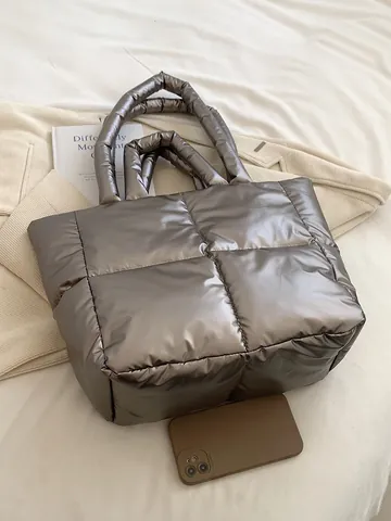 Große Gesteppte Daunentasche Für Damen Metallischer Glänzender Shopper Schultertasche Leichtgewicht Winter Mode Pendler Tasche