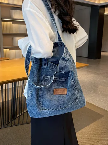Große Kapazität Gewaschen Denim Tragetasche Für Damen Vintage Lässig Umhängetasche Mit Externer Aufsetztasche Und Lederaufnäher