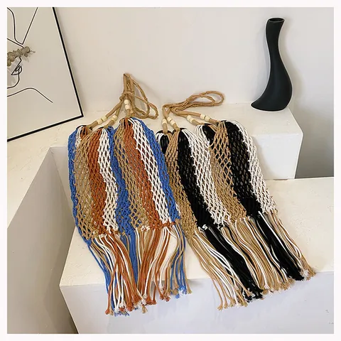 Bohemian Hand Woven Cotton Rope Tassel Shoulder Bag For Women Hollow Out Summer Beach Vacation Bag With Wood Beads Stripes