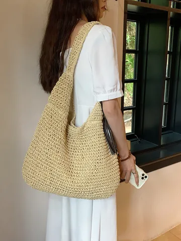 Sac en Paille de Grande Capacité Femme Rétro Plage Vacances Sac Fourre-tout Avec Décoration de Glands Doublure Polyester