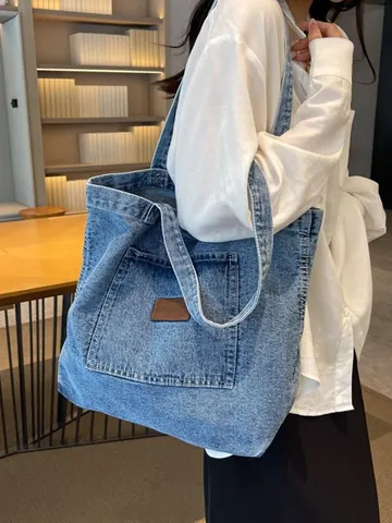 Große Kapazität Gewaschen Denim Tragetasche Für Damen Vintage Lässig Umhängetasche Mit Externer Aufsetztasche Und Lederaufnäher