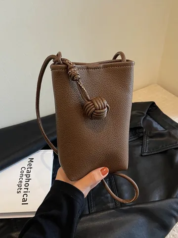 Vintage Minimalistisch Lychee Textuur PU Leer Mobiele Telefoon Crossbody Tas Voor Vrouwen Kleine Verticale Emmer Tas Met Knoop Riem Decor