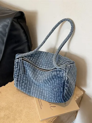 Vintage Washed Denim Underarm Bag For Women Large Capacity Quilted Stripe Shoulder Bag Casual Streetwear Hobo Tote Bag