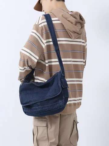 Borsa Messenger in Denim da Donna Grande Capacità Vintage Street Style Borsa a Tracolla Tote Bag per Scuola Pendolarismo Multi Tasche Tracolla Regolabile