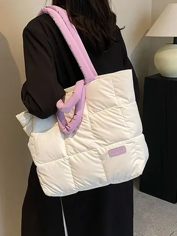 Sac Fourre-tout en Tissu Oxford Matelassé de Grande Capacité pour Femmes Sac à Bandoulière Rembourré d'Hiver Couleur Unie