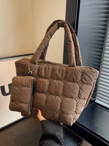 Sac Cabas Matelassé Style Coréen Pour Femmes Grande Capacité Sac à Épaule Avec Mini Pochette Ensemble De Sacs