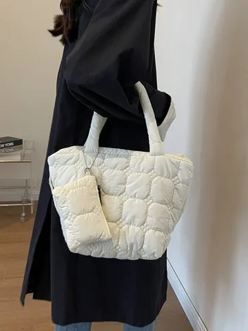Sac Cabas Matelassé Style Coréen Pour Femmes Grande Capacité Sac à Épaule Avec Mini Pochette Ensemble De Sacs