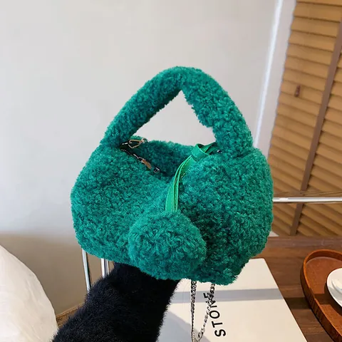 Women Cute Plush Faux Fur Handbag Winter Solid Color Soft Teddy Fleece Shoulder Crossbody Bag With Metal Chain And Pom Pom