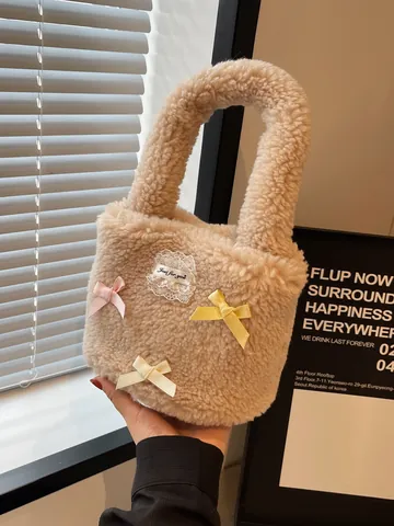 Women Sweet Faux Lambswool Bucket Bag Plush Bowknot Handbag Korean Style Girly Autumn Winter Small Tote Bag