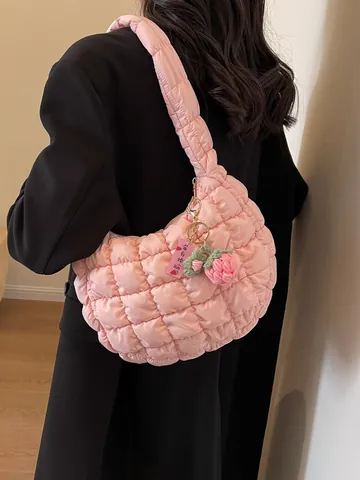 Korean Quilted Puffer Bag Women Cloud Underarm Bag Soft Casual Shoulder Bag With Strawberry Flower Charm Solid Color Handbag