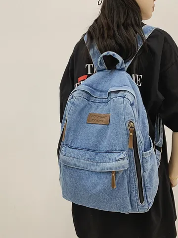 Retro Washed Denim Backpack Large Capacity Casual Travel Rucksack Men Women School Bag Leather Accents Zipper Pockets