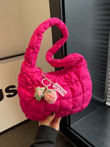 Korean Quilted Puffer Bag Women Cloud Underarm Bag Soft Casual Shoulder Bag With Strawberry Flower Charm Solid Color Handbag