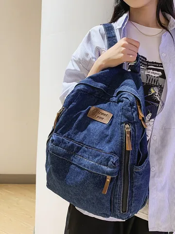 Retro Washed Denim Backpack Large Capacity Casual Travel Rucksack Men Women School Bag Leather Accents Zipper Pockets