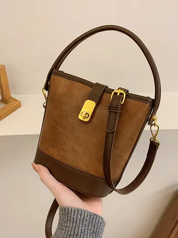 Damen Vintage PU Leder Beuteltasche Kontrastfarben Crossbody Umhängetasche Mit Metallschließe Retro Handtasche Für Den Alltag