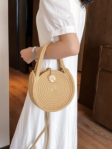 Bohemian Rund Gewebte Stroh Handtasche Holzknopf Detail Regenbogen Nähte Sommer Strand Schulter Umhängetasche Damen