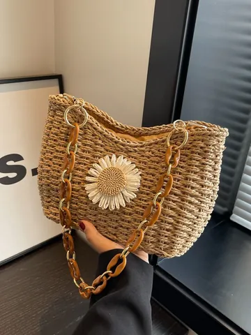 Bolso de Hombro de Paja Tejida para Mujer Con Decoración de Girasol Cadena de Resina de Ámbar Bolso de Axila para Vacaciones de Verano en la Playa Bolso Pequeño Tejido a Mano