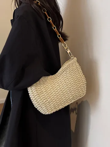 Bolso de Hombro de Paja Tejida para Mujer Con Decoración de Girasol Cadena de Resina de Ámbar Bolso de Axila para Vacaciones de Verano en la Playa Bolso Pequeño Tejido a Mano