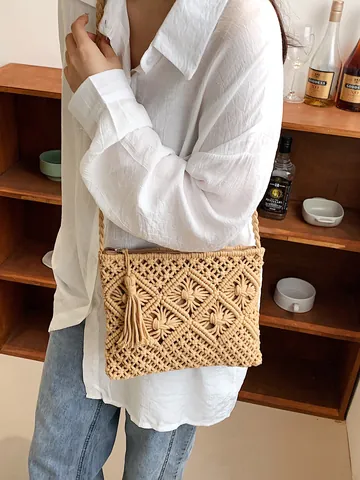 Women Bohemian Woven Crossbody Bag Cotton Rope Macrame Shoulder Bag With Tassels Beach Vacation Summer Travel Handbag