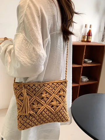 Women Bohemian Woven Crossbody Bag Cotton Rope Macrame Shoulder Bag With Tassels Beach Vacation Summer Travel Handbag
