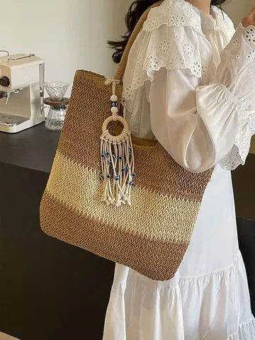 Böhmische Gewebte Stroh-Tragetasche Für Damen Sommer Große Kapazität Schulter-Strandtasche Mit Bösem Blick Quaste Handtasche