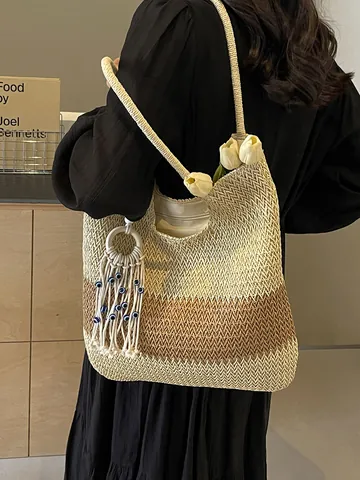 Böhmische Gewebte Stroh-Tragetasche Für Damen Sommer Große Kapazität Schulter-Strandtasche Mit Bösem Blick Quaste Handtasche