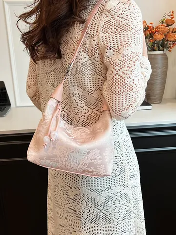 Vintage Chinese Style Brocade Embroidery Hobo Shoulder Bag For Women Landscape Floral Pattern Handbag Elegant Crossbody Bag