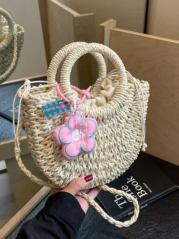 Dames Stro Geweven Handtas Zomer Bos Stijl Tote Strand Vakantie Crossbody Schoudertas Met Trekkoord En Bloem Hanger