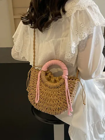 Dames Stro Geweven Handtas Zomer Bos Stijl Tote Strand Vakantie Crossbody Schoudertas Met Trekkoord En Bloem Hanger
