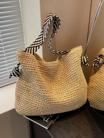 Grote Capaciteit Stro Geweven Schoudertas Voor Dames Zomer Strand Vakantie Tote Met Gestreepte Knoop Riem Casual Handtas
