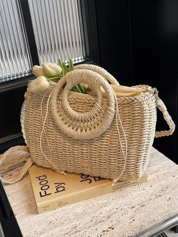 Women Straw Woven Bag Circular Ring Handle Handbag Casual Vacation Crossbody Bag With Detachable Shoulder Strap Retro Chic
