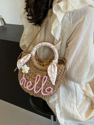 Women Handwoven Straw Bag With Hello Letter Flower Silk Scarf Decor Summer Beach Vacation Crossbody Handbag