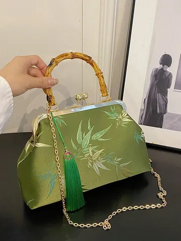 New Chinese Style Bamboo Handle Embroidery Handbag For Women Vintage Satin Evening Bag With Tassel Metal Chain For Qipao