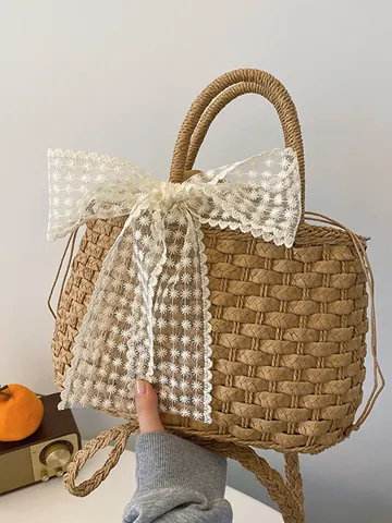 Bolso de Mano Tejido de Paja Fairy Beach para Mujer Gran Capacidad Lazo de Encaje Bolso Tote Tejido a Mano de Vacaciones