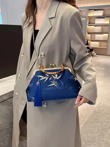 New Chinese Style Bamboo Handle Embroidery Handbag For Women Vintage Satin Evening Bag With Tassel Metal Chain For Qipao