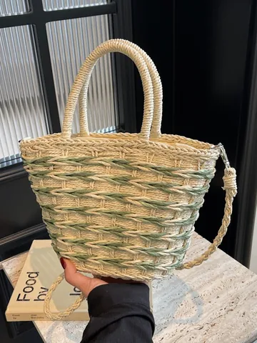 Summer Straw Woven Handbag For Women Striped Beach Vacation Tote With Crossbody Strap Hand Woven Small Square Basket Bag