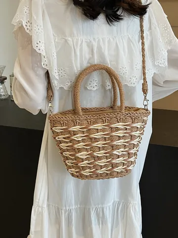 Summer Straw Woven Handbag For Women Striped Beach Vacation Tote With Crossbody Strap Hand Woven Small Square Basket Bag