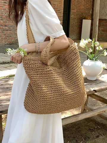 Damen Große Kapazität Stroh Gewebte Tote Tasche Sommer Strandurlaub Schulter Unterarm Tasche Wald Stil Handgemachte Häkeln Handtasche