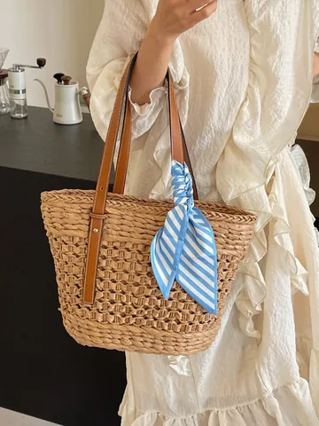 Grand Sac Cabas en Paille Tissée Style Français pour Femmes Bandoulière Avec Poignée en Cuir Foulard en Soie pour Plage Été Vacances Quotidien